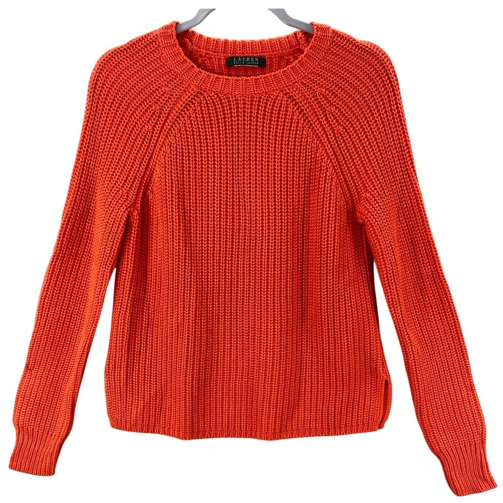 Lauren Ralph Lauren Sweater Womens Small Orange Epimethius Chunky Knit Raglan